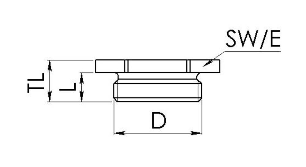 Technische Zeichnung eines Flansches mit Maßen: Durchmesser (D), Länge (L), Tiefe (TL) und Schlüsselweite (SW/E) markiert.