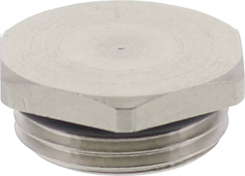 Ein metallischer Schraubstopfen mit sechseckigem Kopf und Gewinde, möglicherweise ein Teil für Maschinen oder Rohrleitungen.