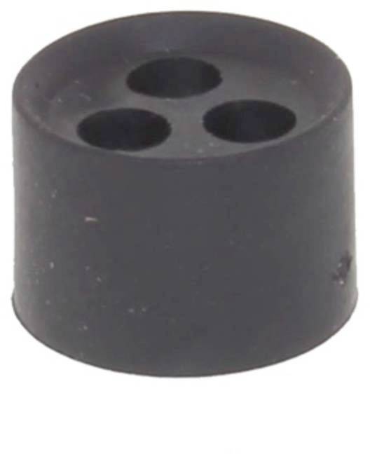 Ein schwarzes Kunststoffstopfen mit drei Löchern auf einer weißen Oberfläche.