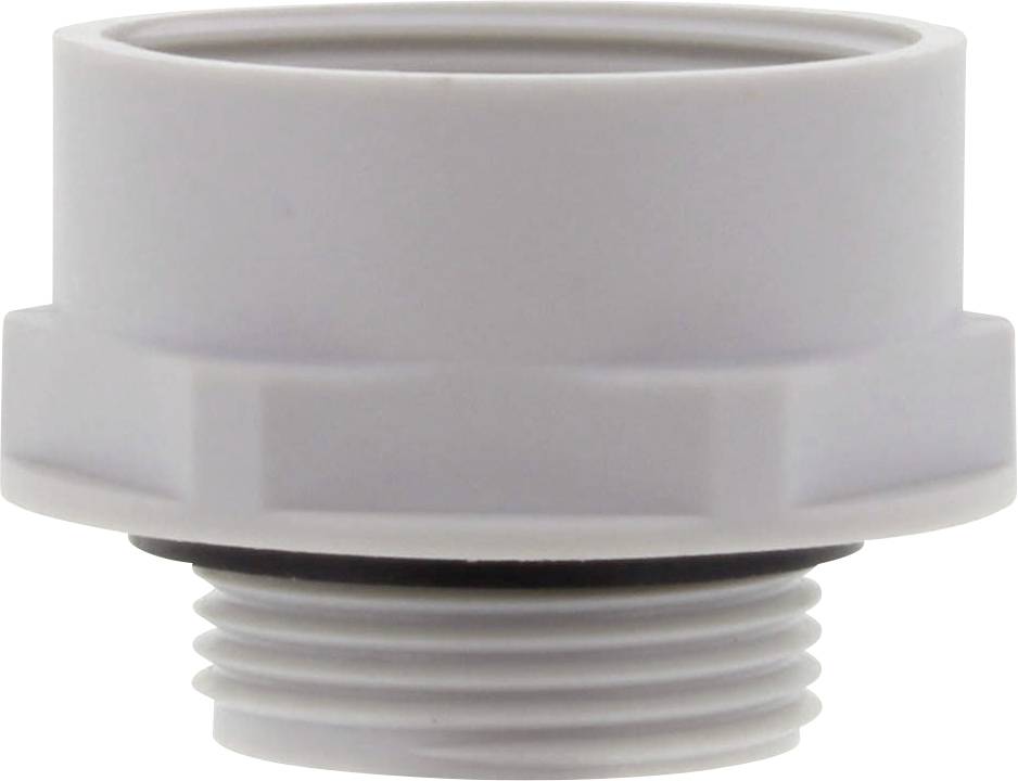 Rundes, weißes Kunststoffbauteil mit Gewinde und Dichtung, verwendet als Adapter oder Verbindungselement in Rohrsystemen.