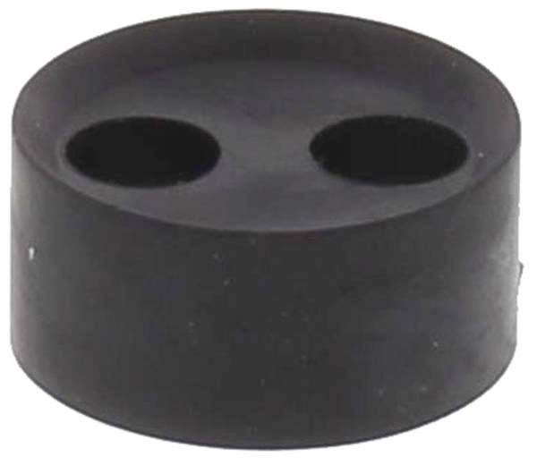 Ein schwarzer Gummistopfen mit zwei Löchern, typischerweise zur Abdichtung von Glasflaschen oder -röhren verwendet.