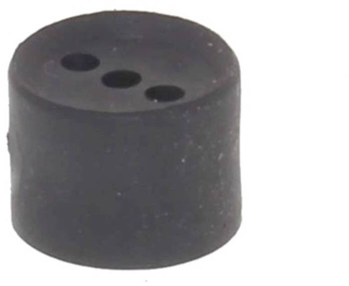 Ein schwarzer, zylindrischer Gummistopfen mit drei unterschiedlich großen Löchern an der Oberseite.