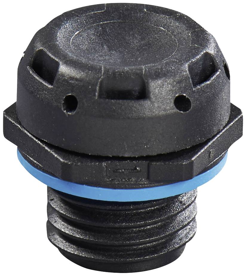 Ein schwarzer, runder Schraubverschluss mit blauen Dichtungsring, geeignet für industrielle Anwendungen.