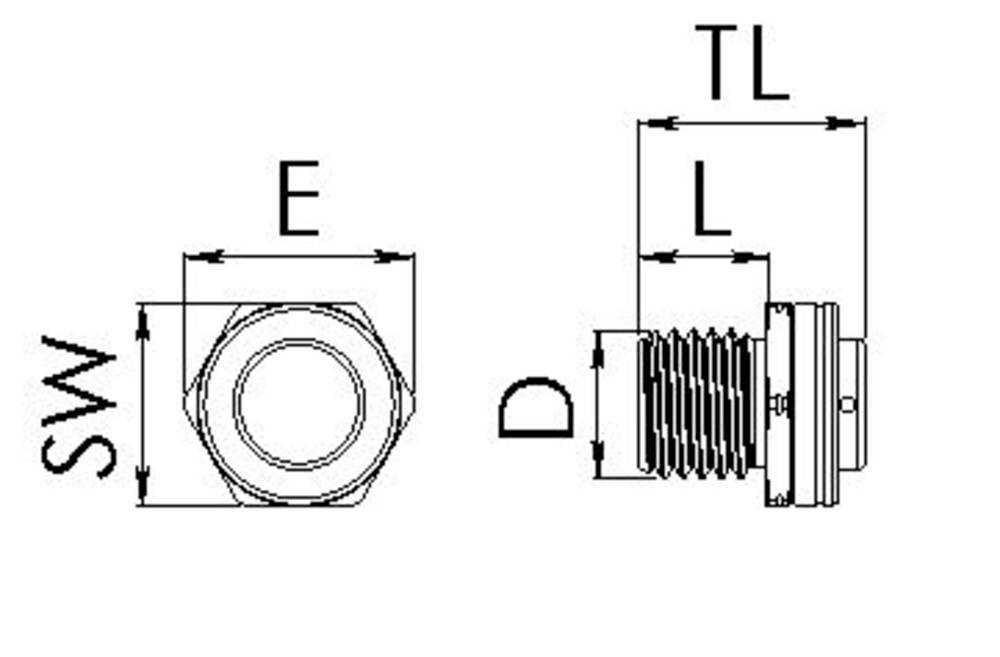 Technische Zeichnung einer Sechskantschraube mit Gewinde. Maße: SW (Schlüsselweite), E (Durchmesser), D (Durchmesser), L (Länge), TL (Gesamtlänge).