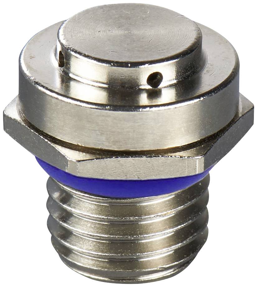 Ein silbernes Metallventil mit Sechskantkopf und blauer Dichtung. Es hat oben vier kleine Löcher und ist zylindrisch geformt.