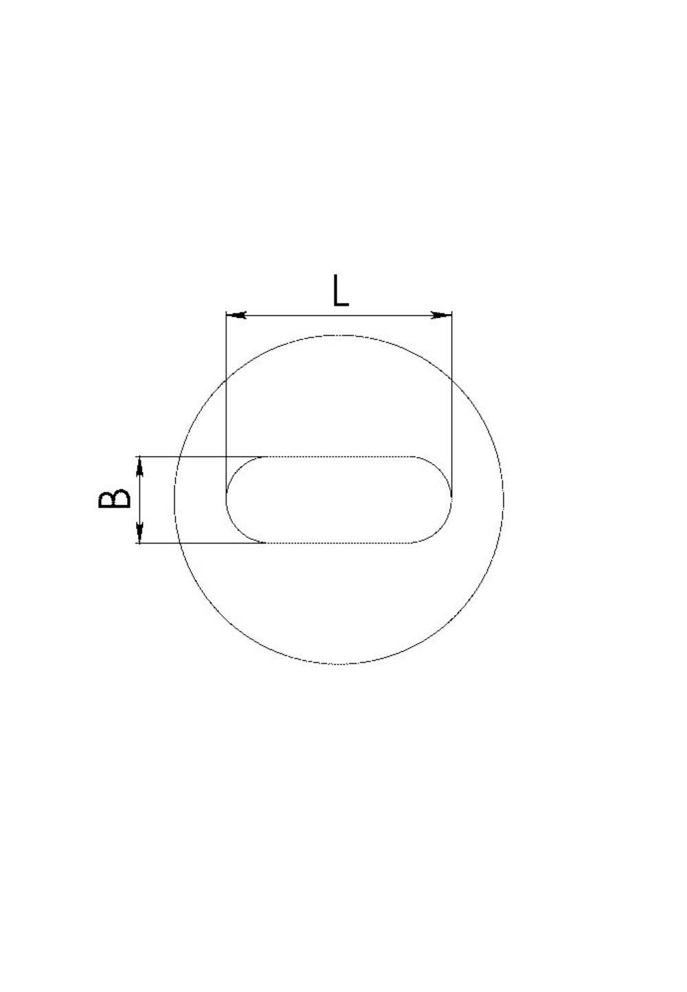 Technische Skizze eines Schlitzlochs in einem Kreis. Der Schlitz ist rechteckig mit runden Enden. Maße sind L für Länge und B für Breite.