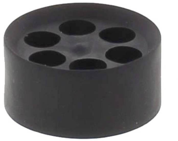 Ein schwarzes, rundes Plastikstück mit sieben gleichmäßig verteilten Löchern in der Mitte. Erinnert an ein Abflussgitter.