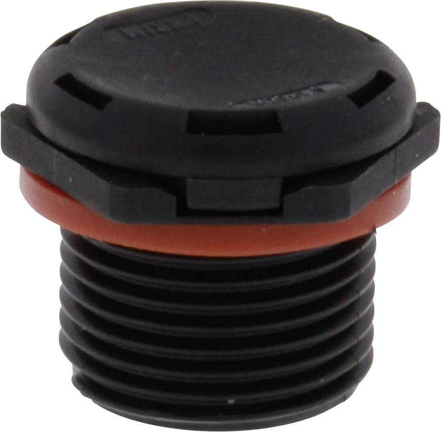 Ein schwarzer, runder Entlüftungsstopfen mit rotem Dichtungsring, geeignet für industrielle Anwendungen zur Druckausgleich.