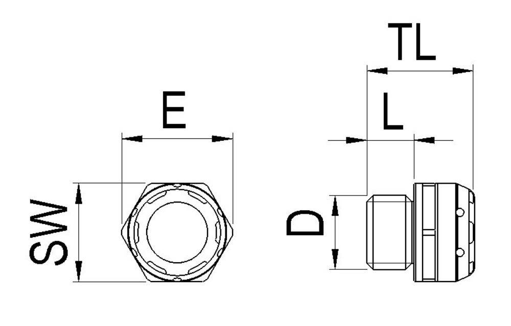 Technische Zeichnung einer Schraubenmutter in zwei Ansichten. Links: Draufsicht mit 'SW'. Rechts: Seitenansicht mit 'E', 'L', 'D', 'TL'.