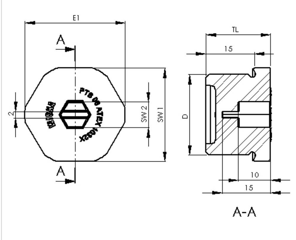Technische Zeichnung einer Armatur: Querschnittsanzeige mit Maßangaben wie SW1, SW2 und E1, zeigt Befestigungs- und Anschlussdetails.
