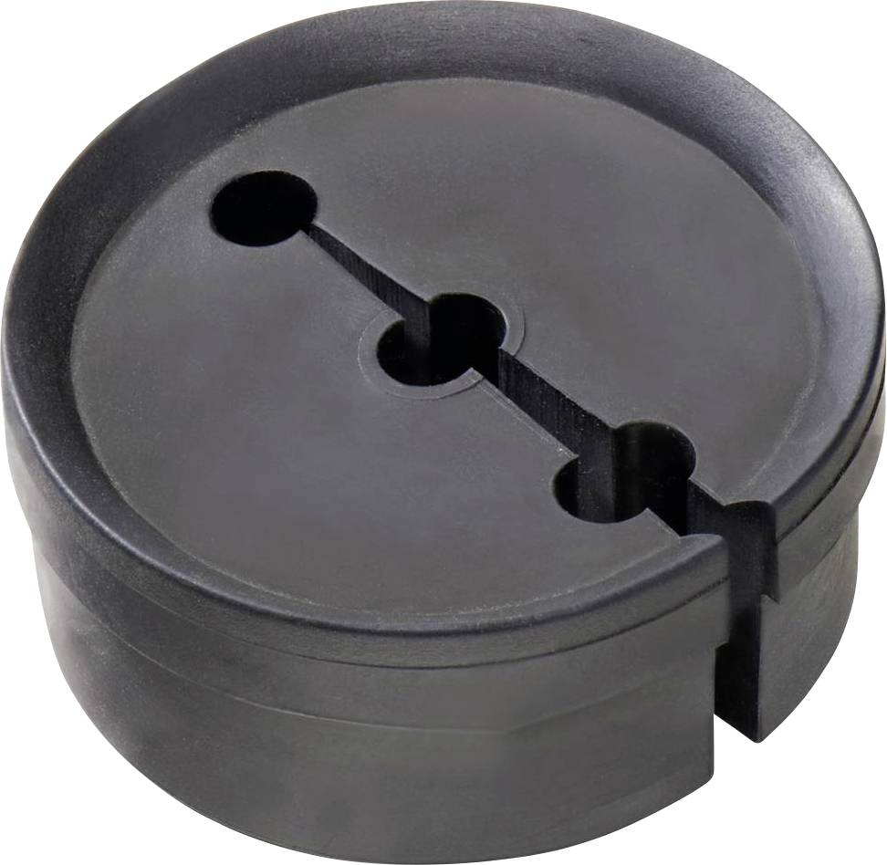 Schwarzer, runder Kunststoffdeckel mit drei unterschiedlichen Löchern und einer seitlichen Aussparung.