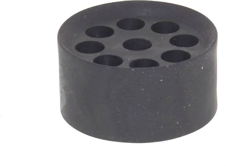 Runde schwarze Gummischeibe mit neun runden Löchern, typischerweise verwendet als Flaschenverschluss oder Stopfen.