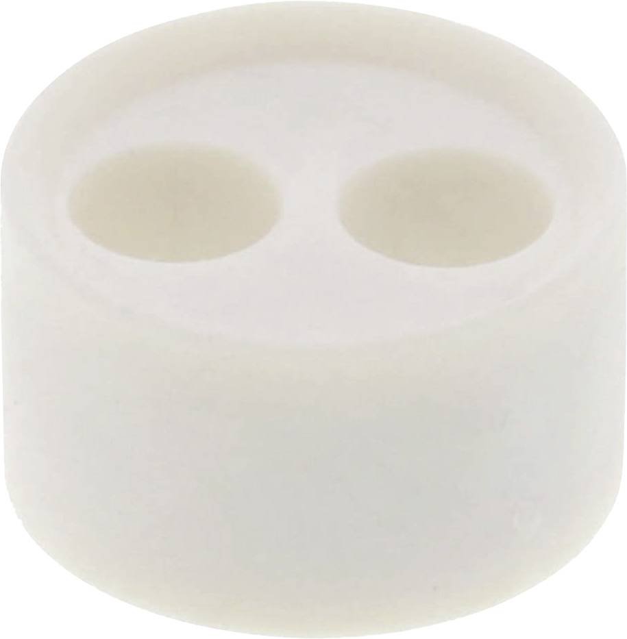 Ein weißer, zylindrischer, zweilochiger Stiftanspitzer aus Kunststoff.