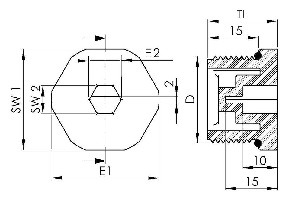 Technische Zeichnung einer Schraube mit Maßen: SW1, SW2, E1, E2, Durchmesser D. Seitenansicht zeigt Gewinde und Innenansicht.