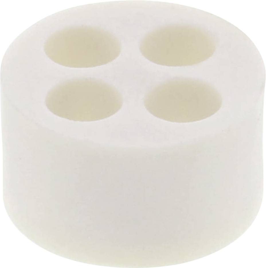 Ein weißer, zylindrischer Gummipfropfen mit vier symmetrisch angeordneten Löchern.