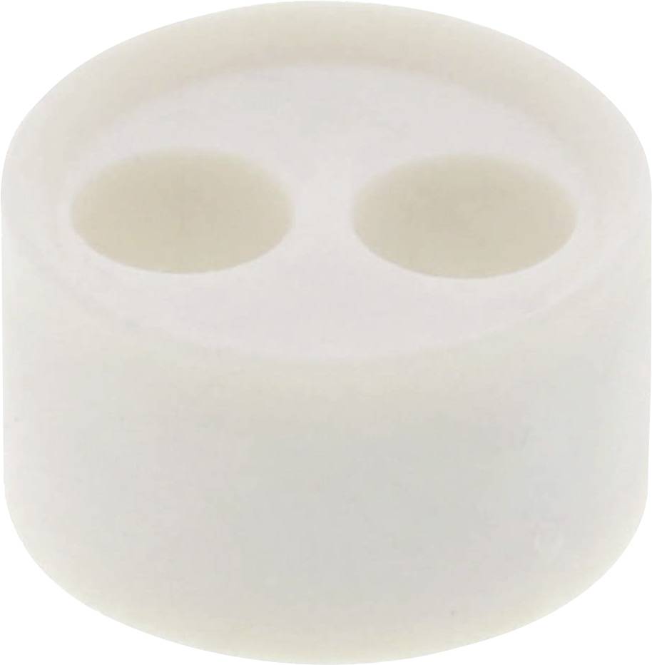Zylindrischer, weißer Plastikdübel mit zwei Löchern, geeignet für Wandbefestigungen von Gegenständen.