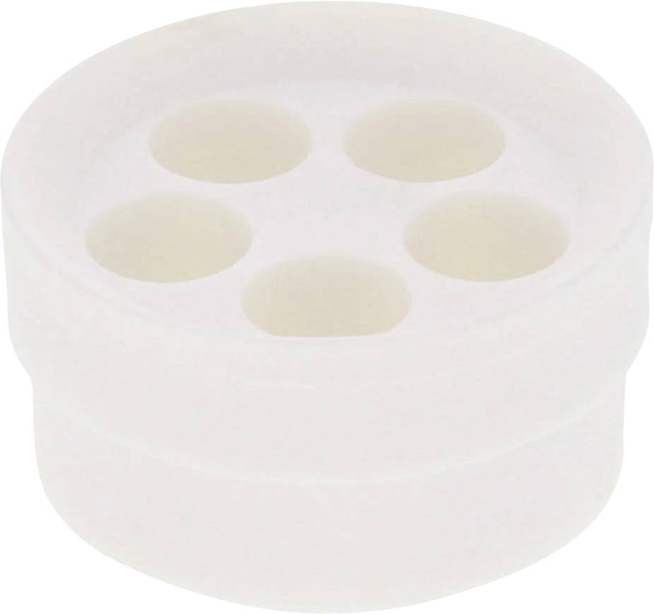 Ein runder, weißer Gegenstand mit vier gleichmäßig verteilten Löchern in der Oberseite, möglicherweise ein Teil eines Spielzeugs oder Küchengeräts.
