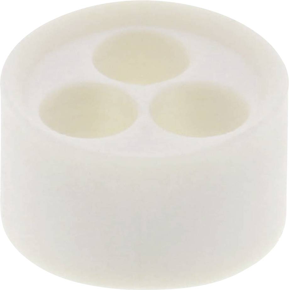 Plastikzylinder mit drei runden Vertiefungen oben, vermutlich Teil eines Geräts oder Verschlusses.