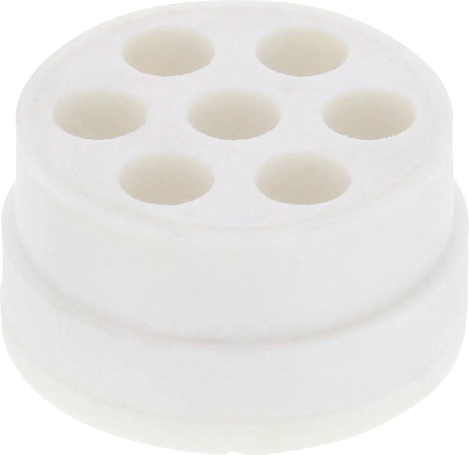 Eine weiße, runde Plastikscheibe mit sieben gleichmäßig verteilten Löchern.