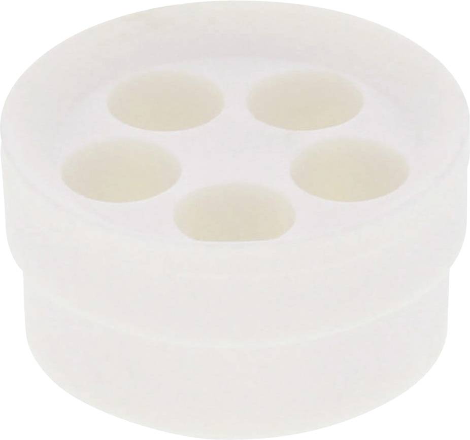 Ein weißer Kunststoffdeckel mit vier runden Öffnungen, symmetrisch angeordnet.