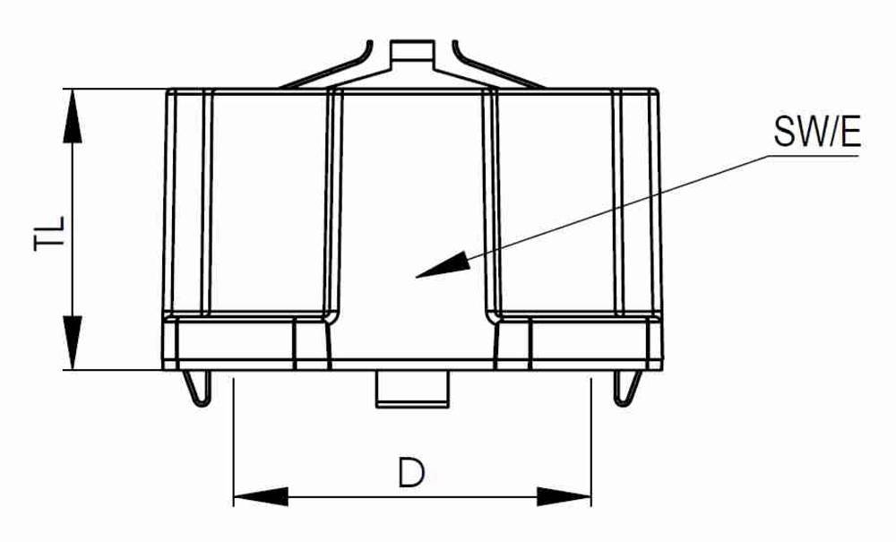 Technische Zeichnung eines mechanischen Teils mit markierten Maßen 'TL' und 'D'. Ein Pfeil zeigt auf die Aufschrift 'SW/E'.