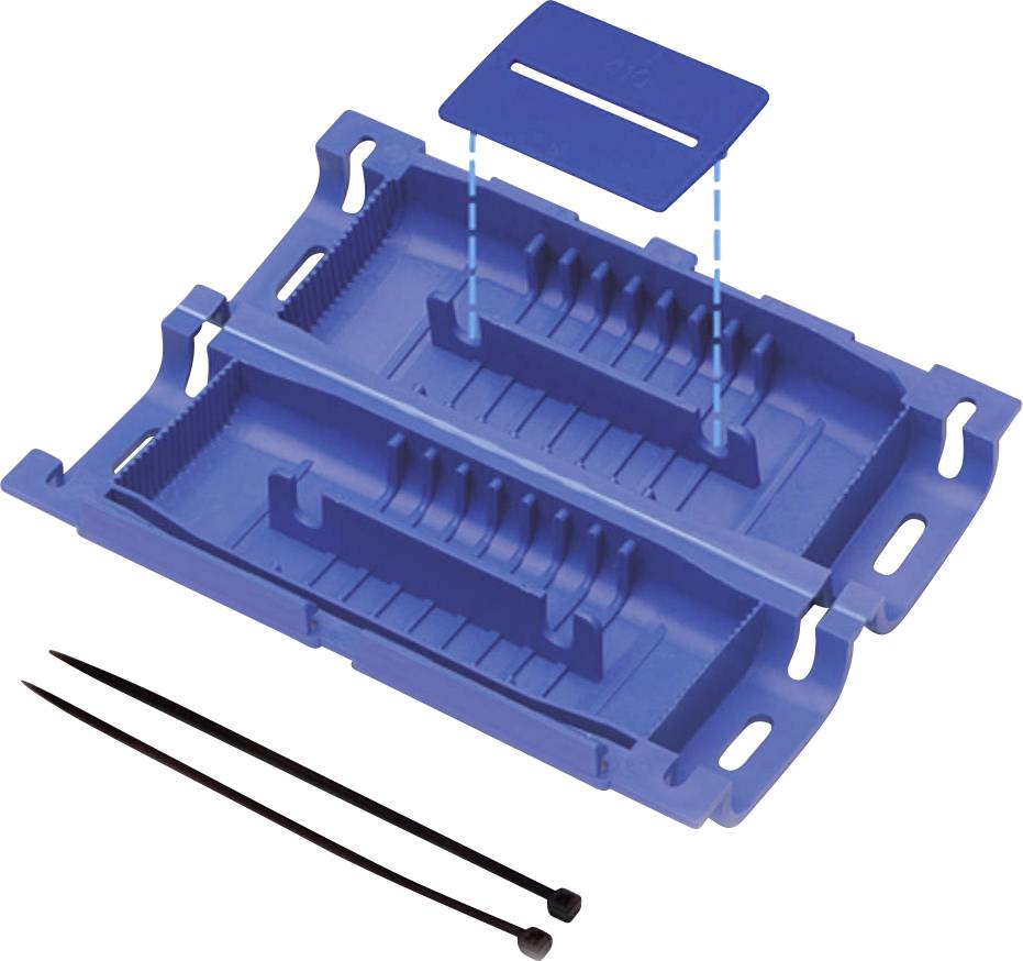 Blaues Kunststoffgehäuse mit herausnehmbaren Abdeckung und zwei schwarzen Kabelbindern daneben, vermutlich für Kabelmanagement.