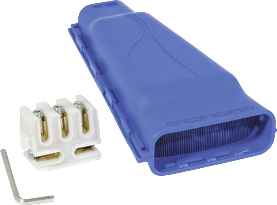 Blauer Kunststoffstecker mit dazugehöriger weißer Anschlussklemme und Inbusschlüssel.