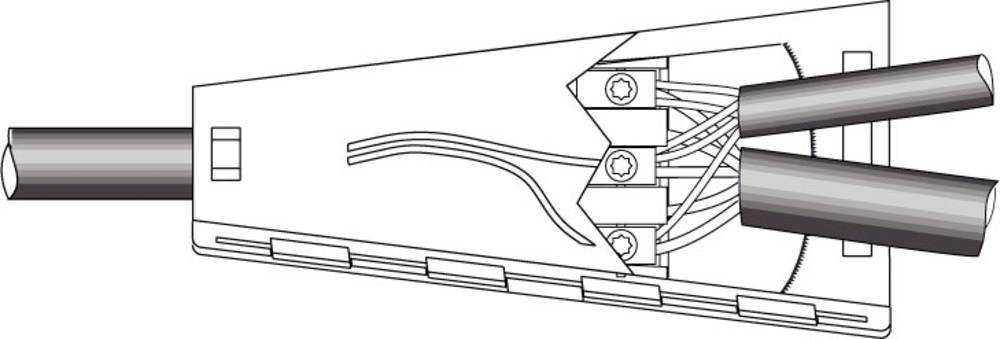Querschnitt einer elektrischen Kabelverbindung, die innere Verdrahtung und Schutzverkleidung zeigt.