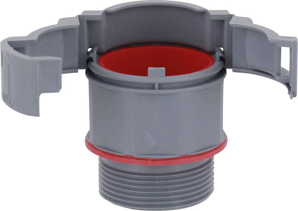 Ein grauer Kunststoffadapter mit rotem Dichtungsring, oben zwei Klappverschlüsse, unten ein Außengewinde. Dient zum Verbinden von Rohren.