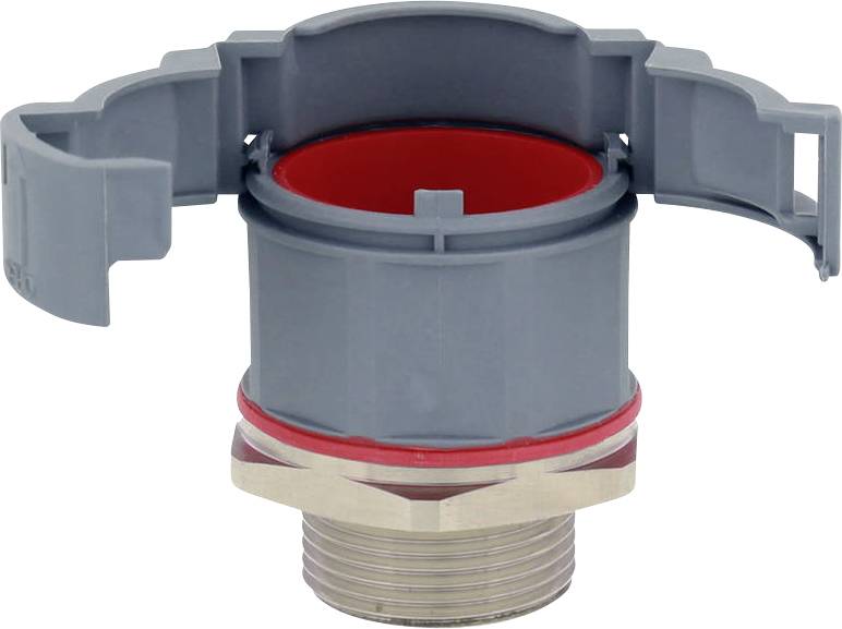 Ein grauer Kunststoff-Adapter mit Metallgewinde und rotem Innenring. Er hat zwei seitliche Flügel zum Befestigen.