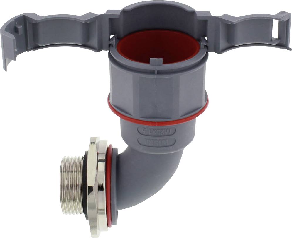 Graues Siphon-Bauteil mit roter Dichtung und Metallgarnitur. Hauptsächlich für Sanitärinstallationen verwendet.