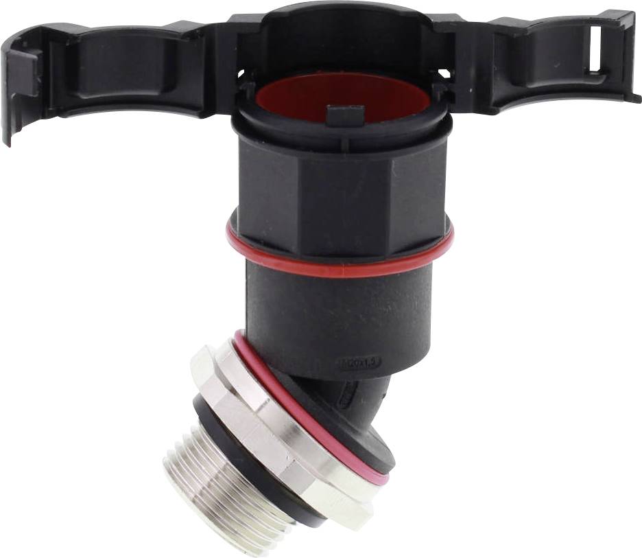 Ein schwarzes Kunststoff-Ventil mit rotem Dichtungsring und Metallgewinde, geeignet für den Anschluss in einem hydraulischen System.
