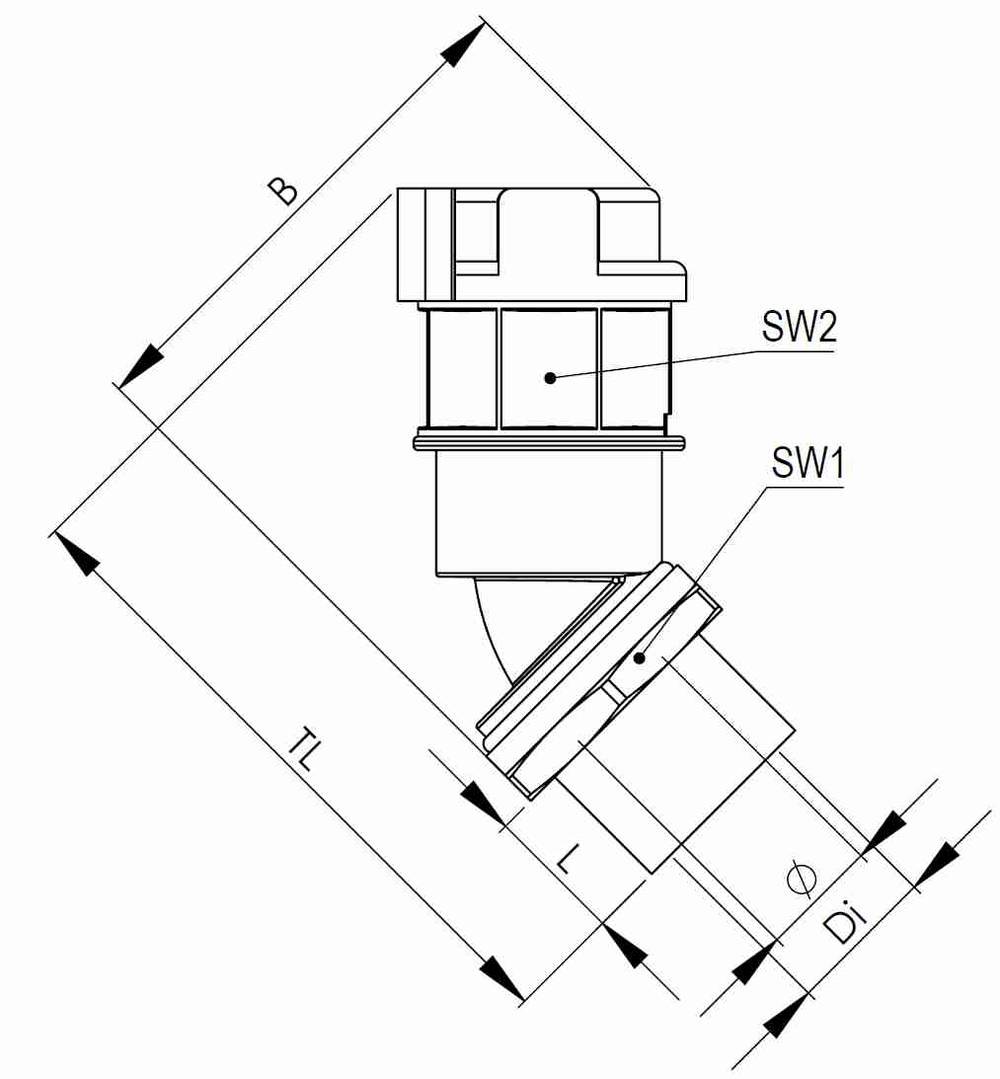 Technische Zeichnung eines Winkelventils mit Beschriftungen 'SW1', 'SW2'. Zeigt Abmessungen B, TL, L, Di. Teknik, keine Farben.