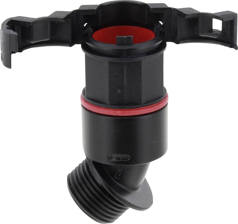 Ein schwarzer Kunststoff-Sprinklerkopf mit rotem Akzent und Gewindeanschluss, bereit zur Montage in ein Bewässerungssystem.