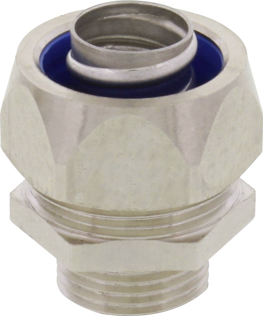 Ein metallischer Schraubanschluss mit hexagonalem Kopf und blauer Dichtung. Geeignet für Rohr- oder Schlauchverbindungen.