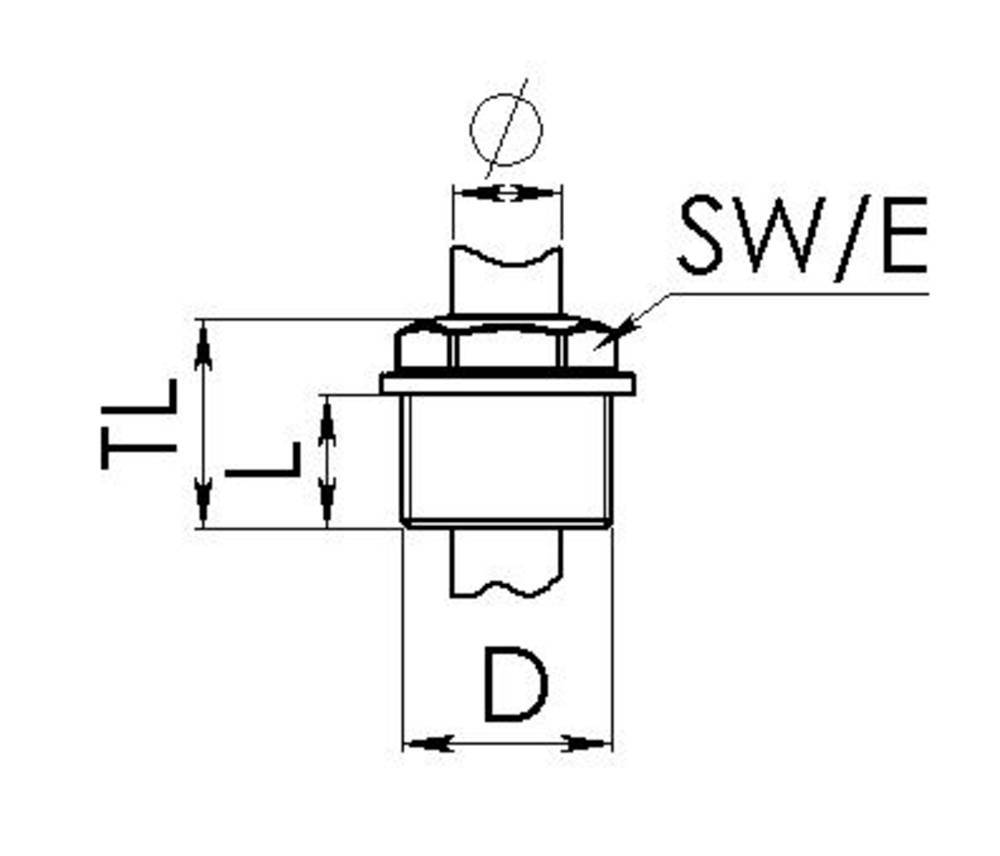 Technische Zeichnung eines zylindrischen Bauteils mit Maßen. Beschriftungen: 'TL', 'D', 'SW/E'. Oben eine Bohrung markiert.