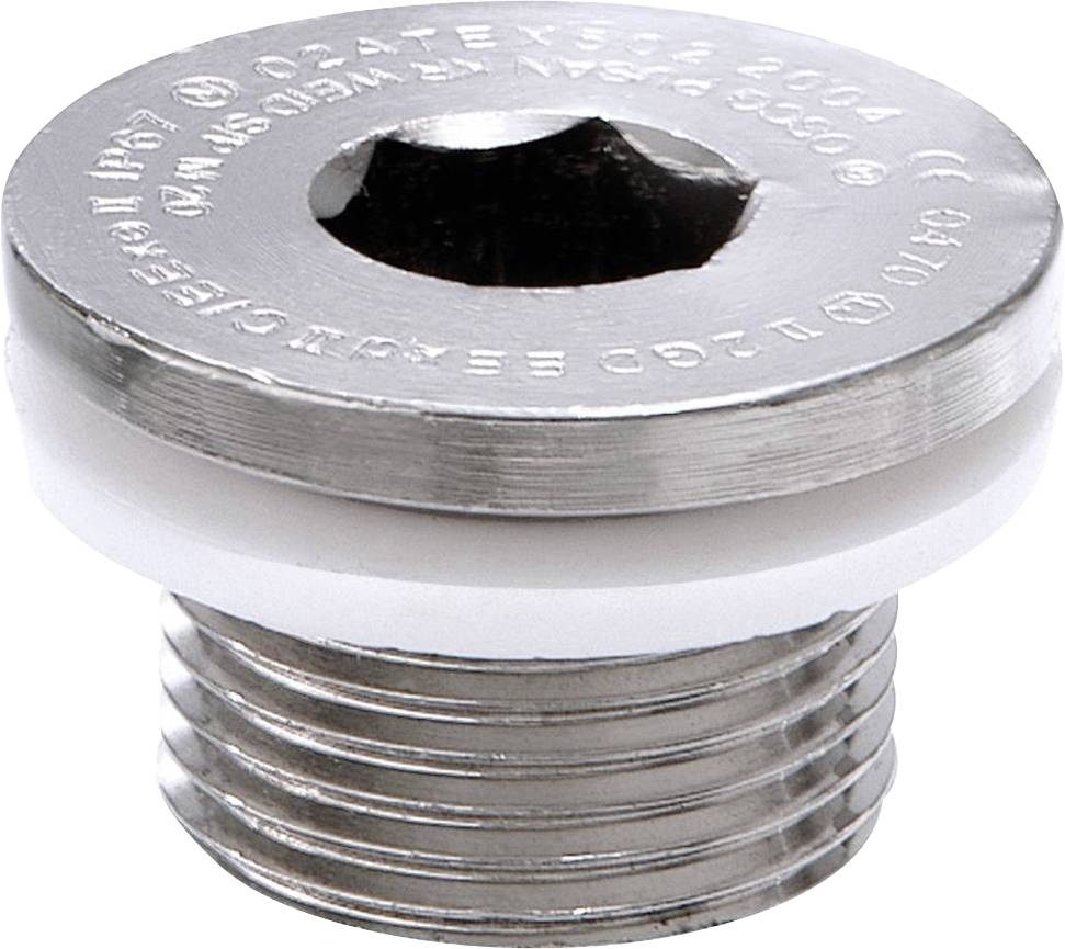 Silberner zylindrischer Metallstopfen mit weißem Gewindering und Sechskantöffnung, verwendet für technische Anwendungen.