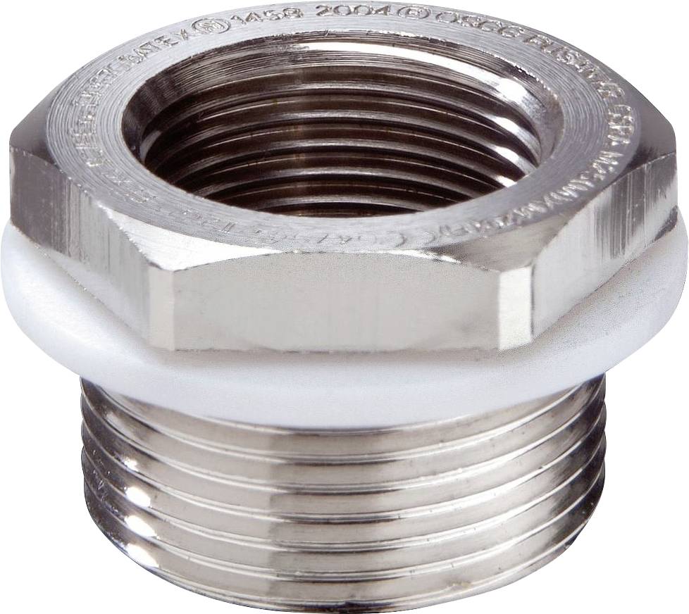 Eine sechseckige Metallmuffe mit Außengewinde, silberfarben, und einem weißen Dichtungsring.