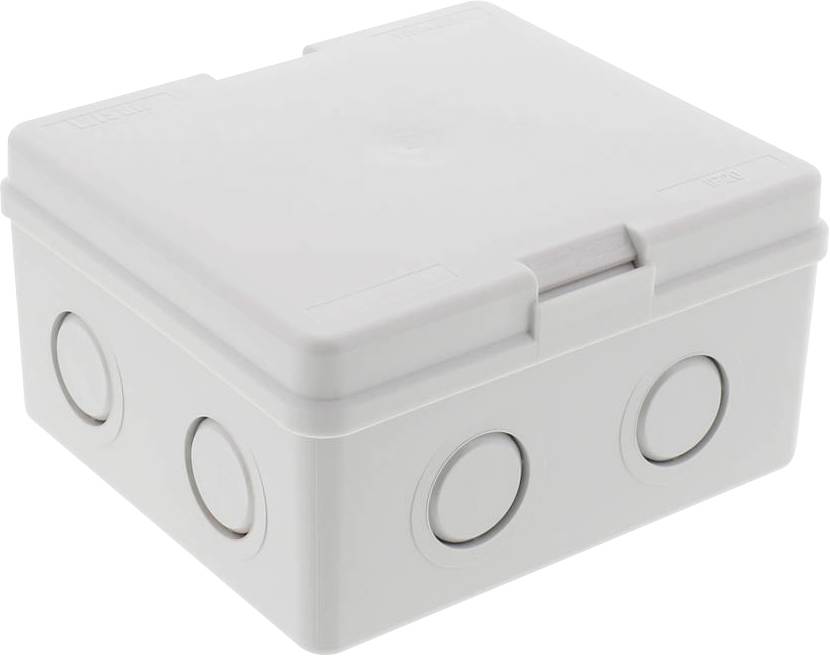 Eine quadratische, graue Kunststoffbox mit abgerundeten Ecken, die als Elektrodose mit mehreren Einführungen an den Seiten dient.