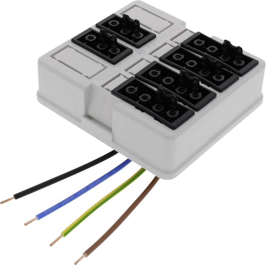 Ein elektrischer Verteilerblock mit vier Anschlussklemmen und fünf herausragenden Kabeln in verschiedenen Farben.