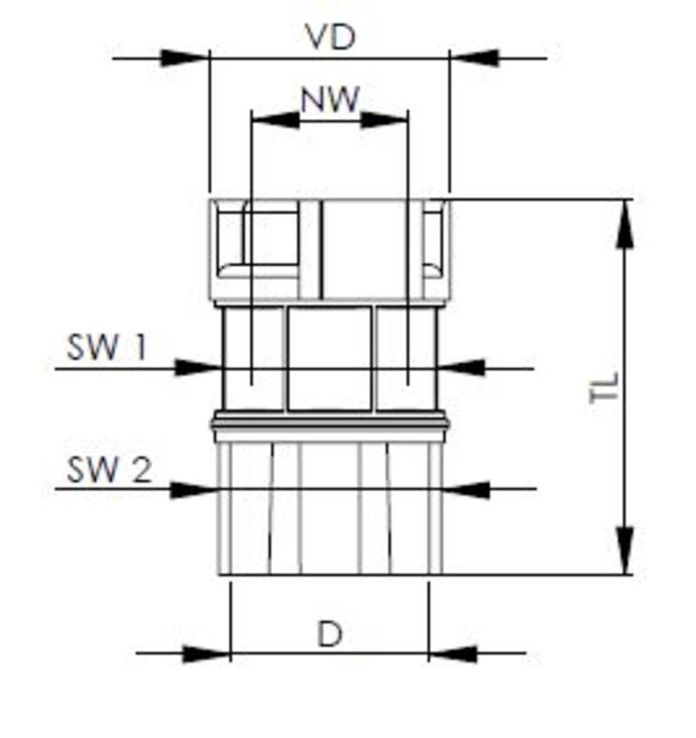 Technische Zeichnung eines Verbindungsstücks mit Angaben zu verschiedenen Abmessungen, einschließlich VD, NW, SW1, SW2, D und TL.