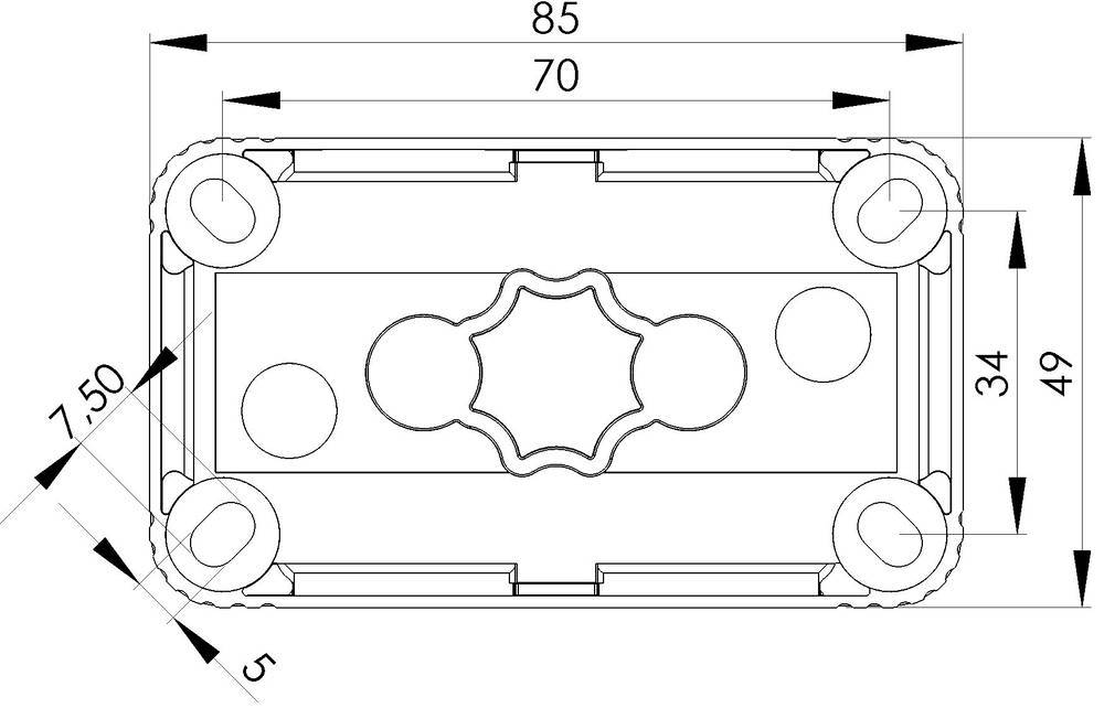 Technische Zeichnung einer rechteckigen Platte mit Maßen 85x49 mm. Positionierte Bohrlöcher und Maßangaben für Montage.