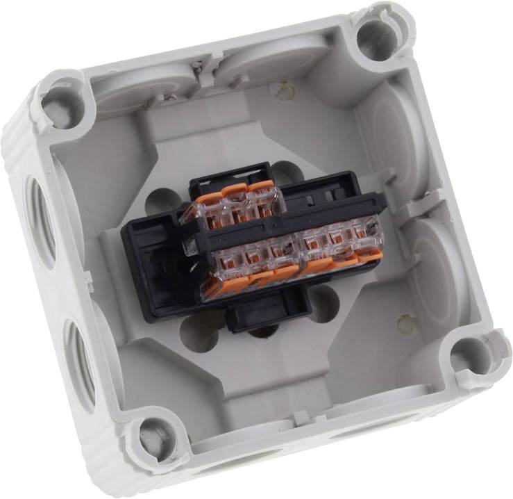 Elektrische Verteilerdose mit Klemmleiste im Inneren, offen gezeigt. Geeignet zur Verbindung von Kabeln in elektrischen Installationen.
