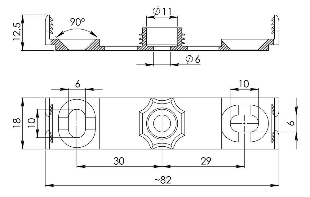 Technische Zeichnung eines Montageclips mit Bemaßungen. Die Breite beträgt etwa 82 mm. Winkeldetails und Höhen sind angegeben.