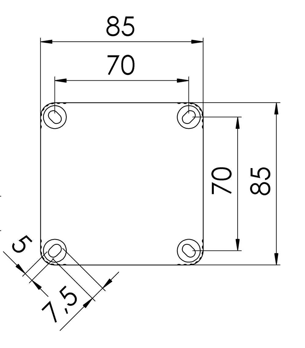 Technische Zeichnung eines quadratischen Objekts mit den Kantenlängen 85 und 70 mm. Löcher an allen Ecken. Winkel von 7,5 und 5 Grad markiert.
