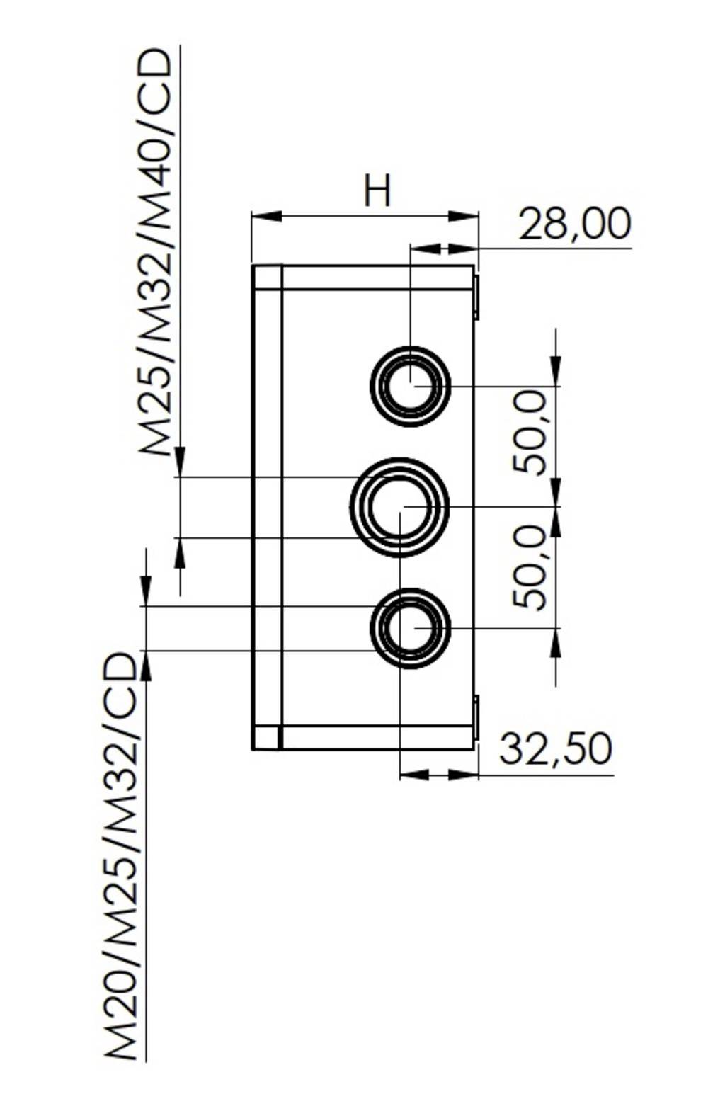 Technische Zeichnung eines rechteckigen Gehäuses mit drei runden Öffnungen. Maße: Höhe 28 mm, Breite 32,5 mm, Abstand zwischen Öffnungen 50 mm.