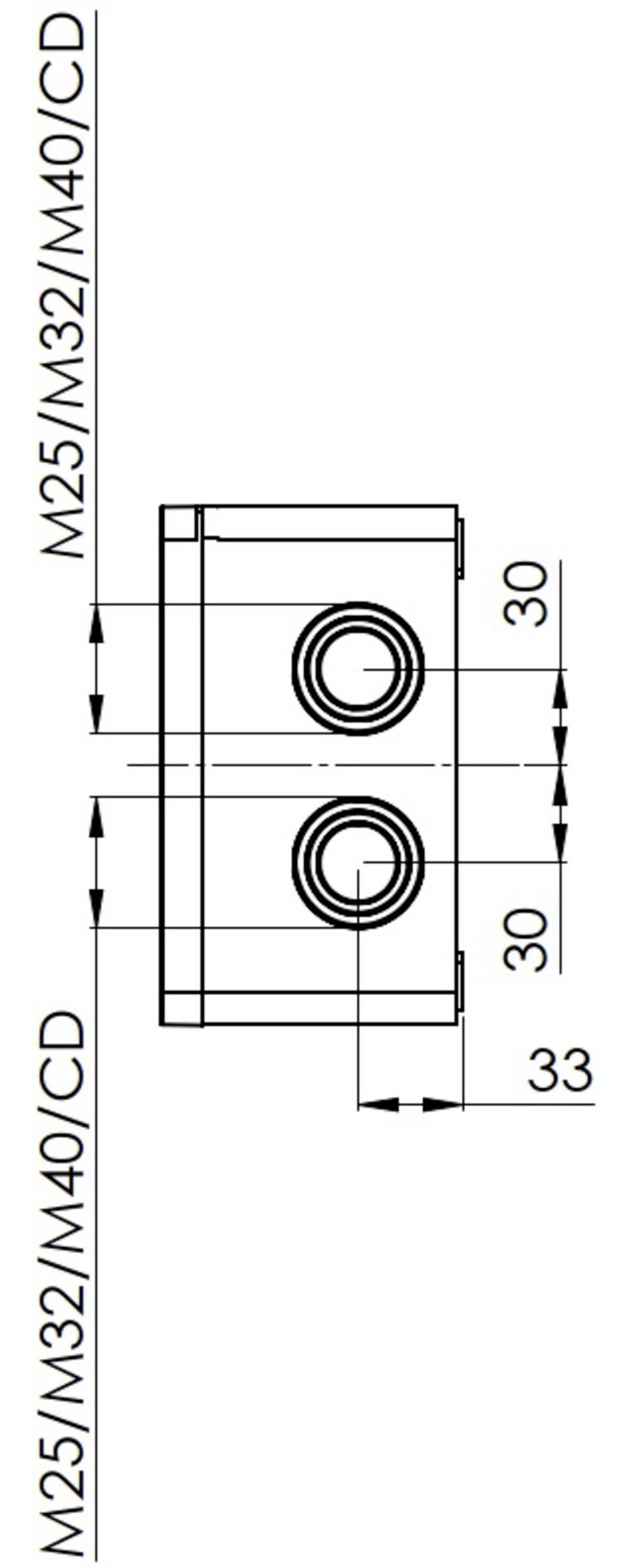 Technische Zeichnung einer mechanischen Komponente mit Maßen. Zeigt Frontansicht, Bohrungen und Beschriftungen 'M25/M32/M40/CD'.