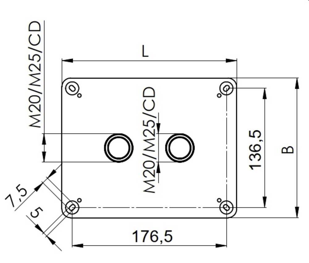 Technische Zeichnung eines rechteckigen Teils mit zwei mittigen Löchern. Beschriftet mit Maßen: Länge 176,5 mm, Höhe 136,5 mm, Breite 7,5 mm.