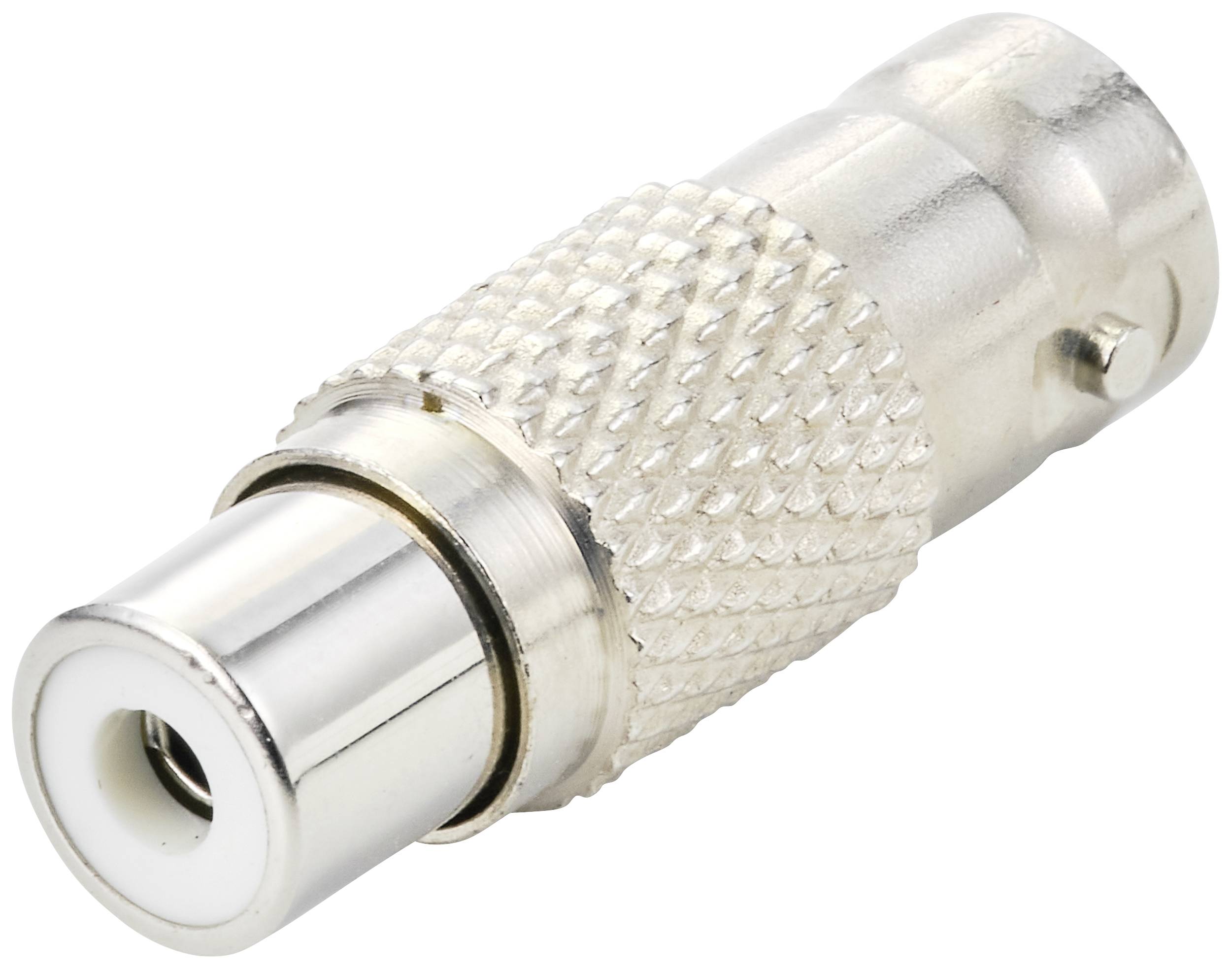 Ein Metalladapter mit BNC-Stecker auf RCA-Buchse, häufig für Videoverbindungen in Audio- und Videoanwendungen verwendet.