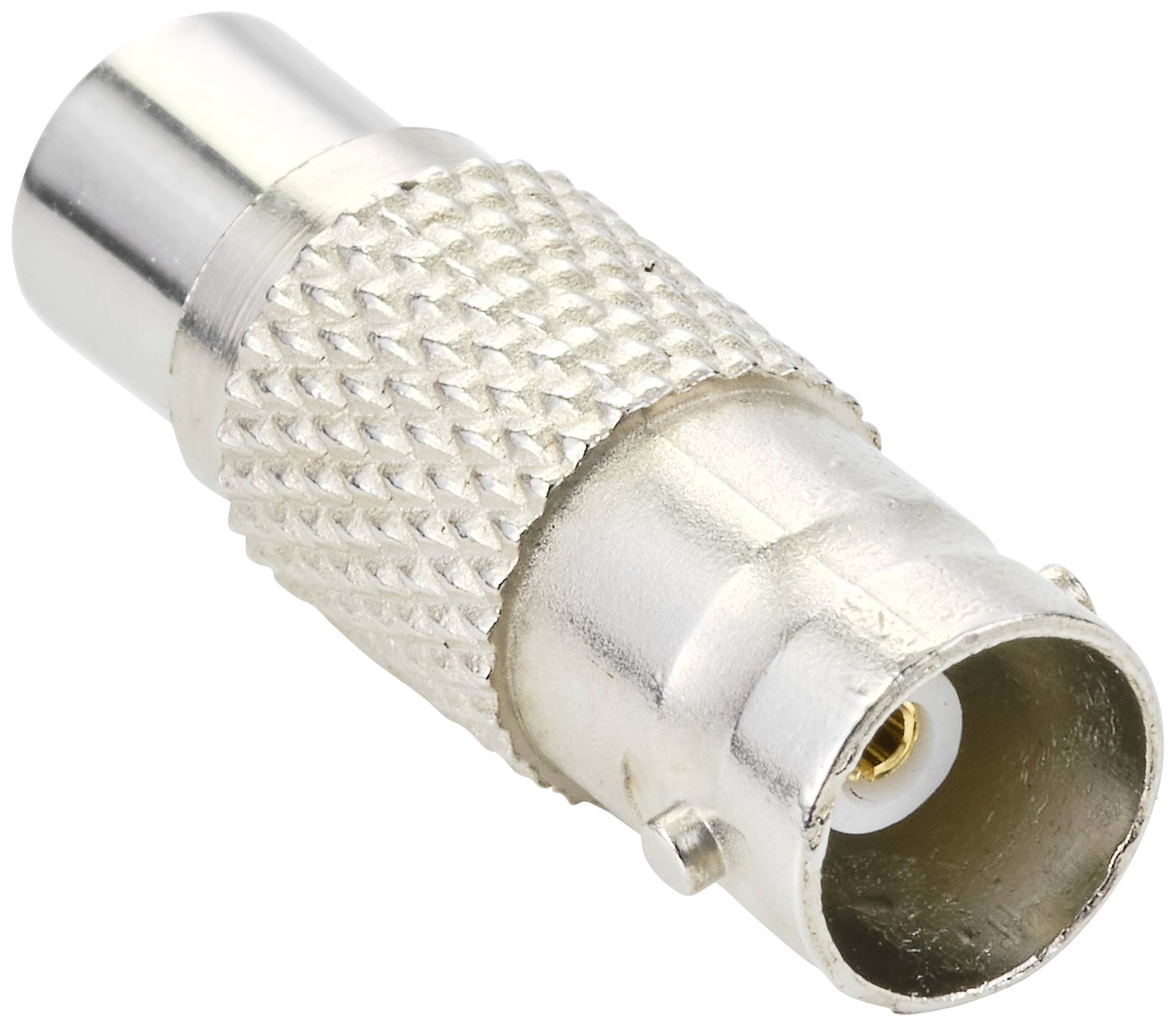 Metallischer BNC-Stecker mit geriffelter Oberfläche und silbernem Finish, verwendet für Koaxialkabelverbindungen in elektronischen Geräten.